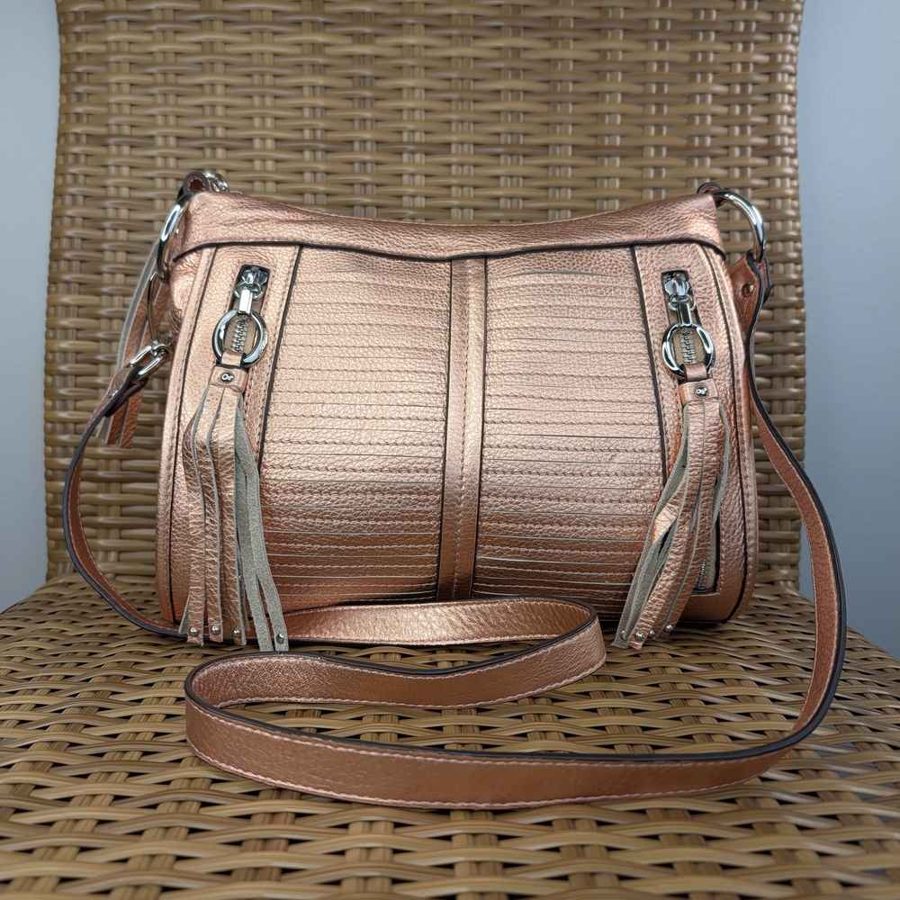B. Makowsky Metallic Copper Leather Crossbody Bag Tassel Detail Silver Hardware